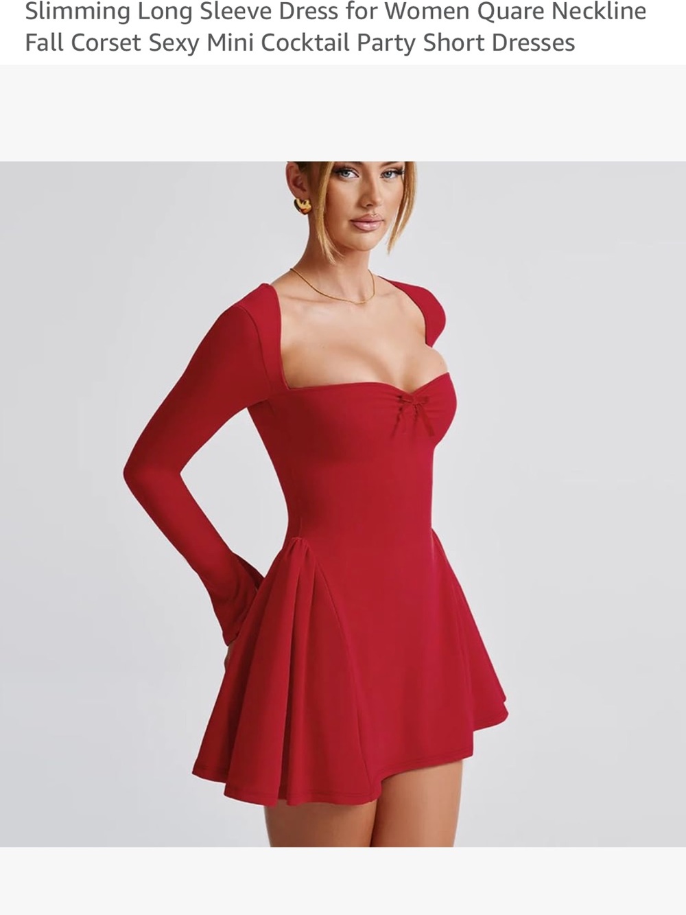 Red Square Neck Long Sleeve Mini Dress